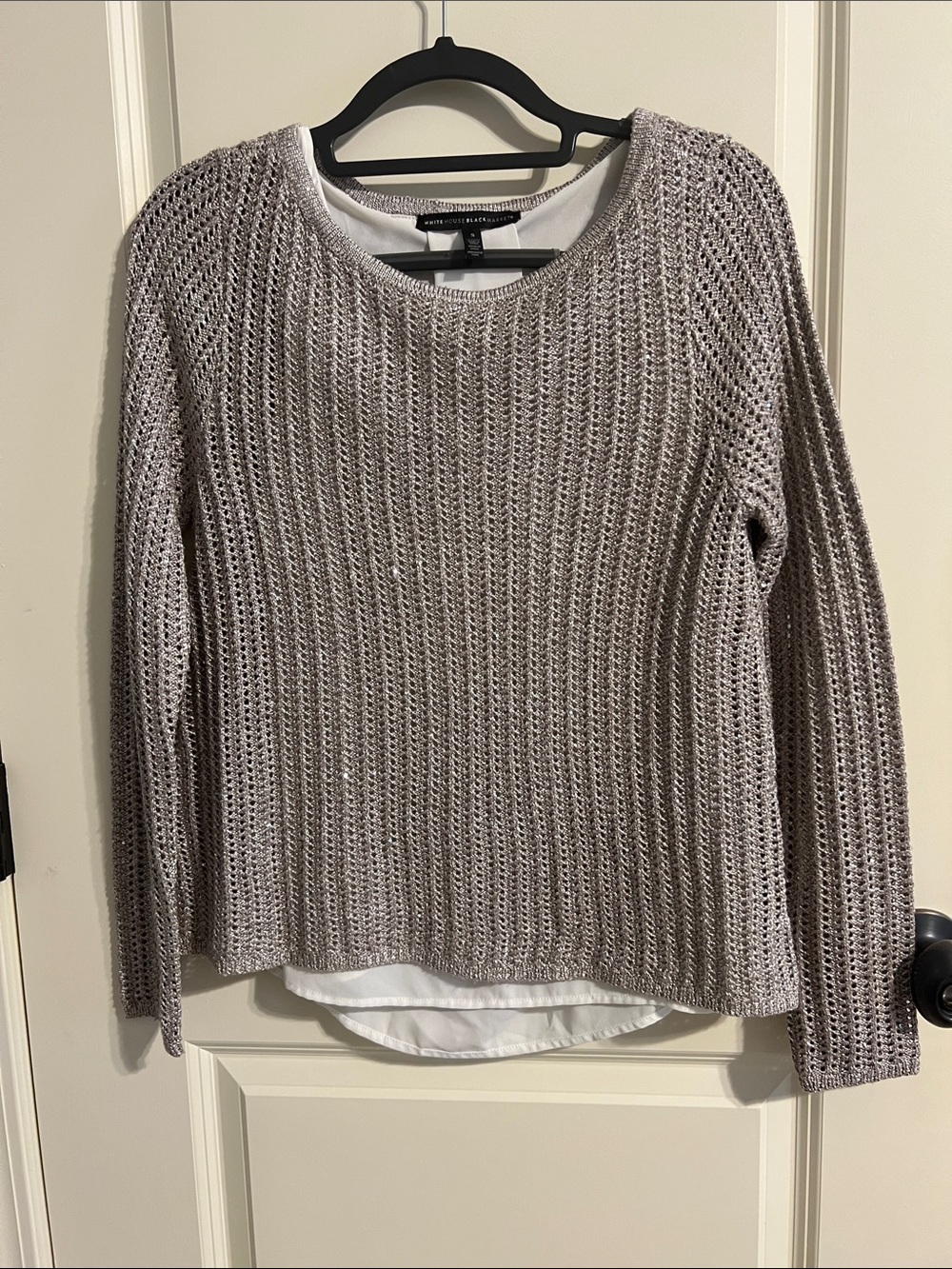 White House Black Market Taupe Open-Knit Crew Sweater with White Layered Hem